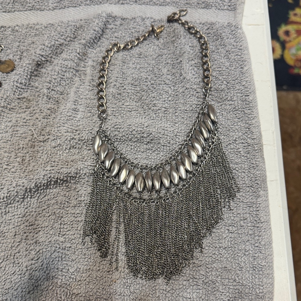 Elegant Silver Chain  Chocker Fringe  Statement Necklace 8 1/2” with ext.